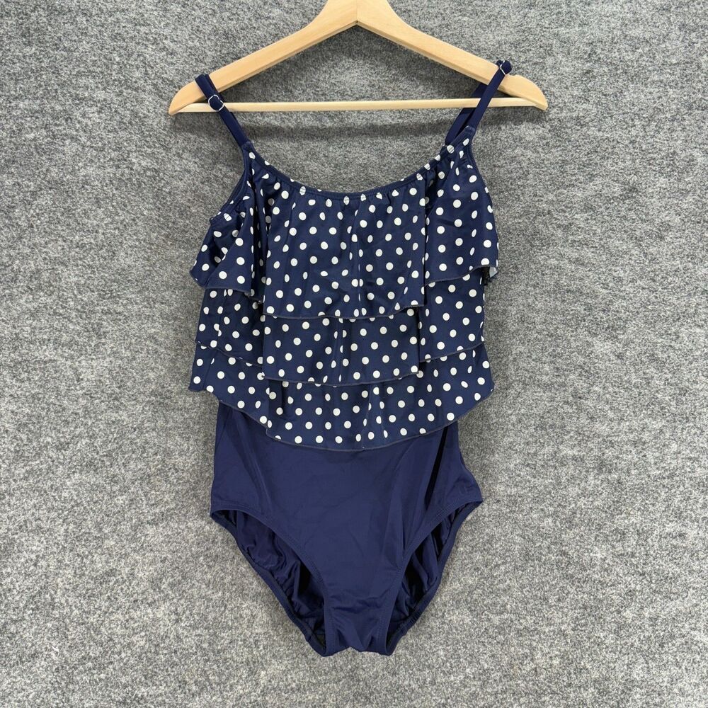 Inches Away Swimsuit Women 12 Blue Polka Dot Ruffle Sleeveless One Piece Swim